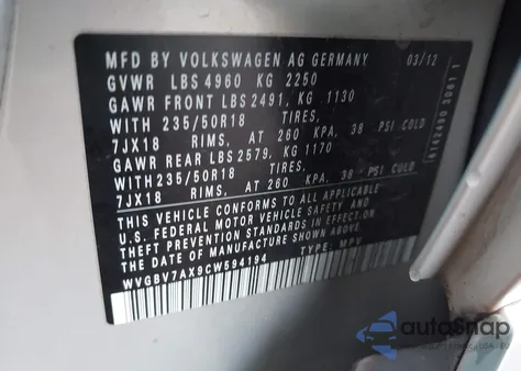 2012 Volkswagen Tiguan Se from USA, damaged, VIN WVGBV7AX9CW594194